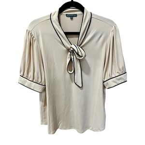 Adrianna Papell Beige Tie Neck Puff Sleeve Blouse Black Trim Size Large